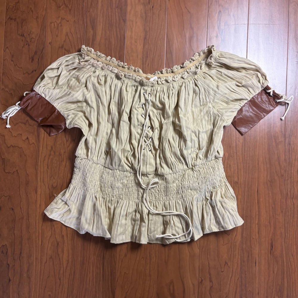 Belle Poque Renaissance Steampunk Blouse Off Shoulder Smocked Top Tan 2XL NWT